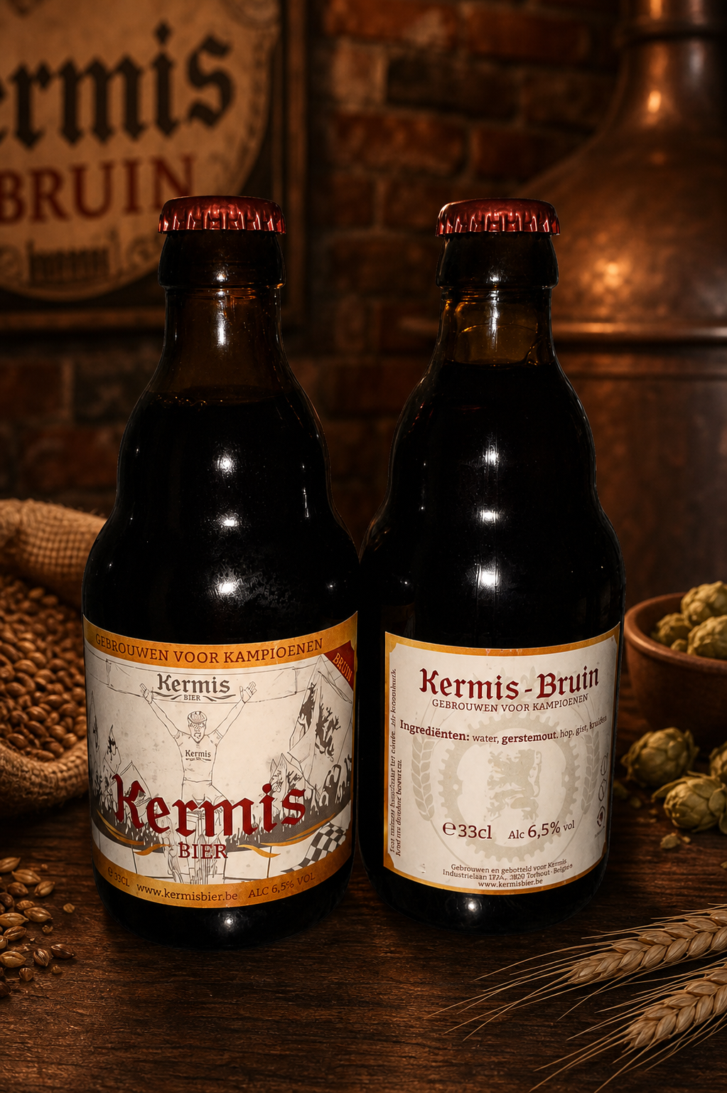 Front and back views of Kermis Bruin bottles